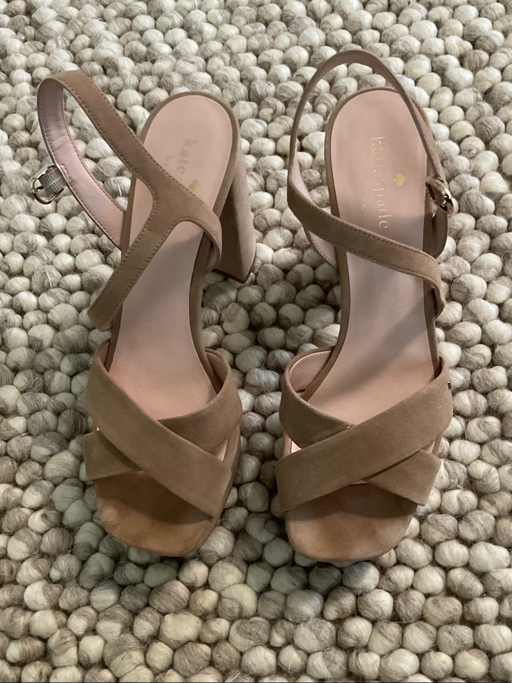 kate spade Nude/Tan Crisscross Suede Block Heel Sandals